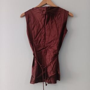 Y2K Gap Silk Stretch Chocolate Brown Tie Waist Sleeveless Blouse XS NWT